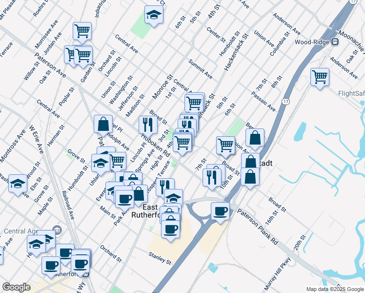 map of restaurants, bars, coffee shops, grocery stores, and more near 306 Hackensack Street in Carlstadt