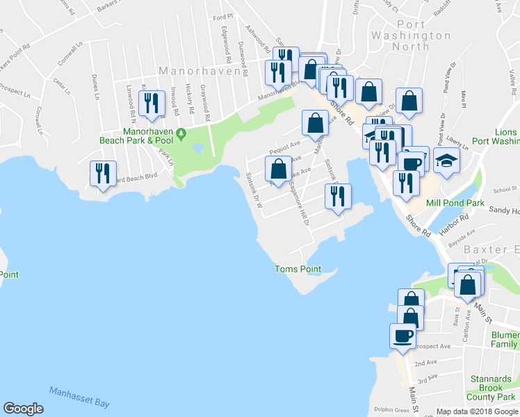 map of restaurants, bars, coffee shops, grocery stores, and more near 11 Sintsink Drive West in Port Washington