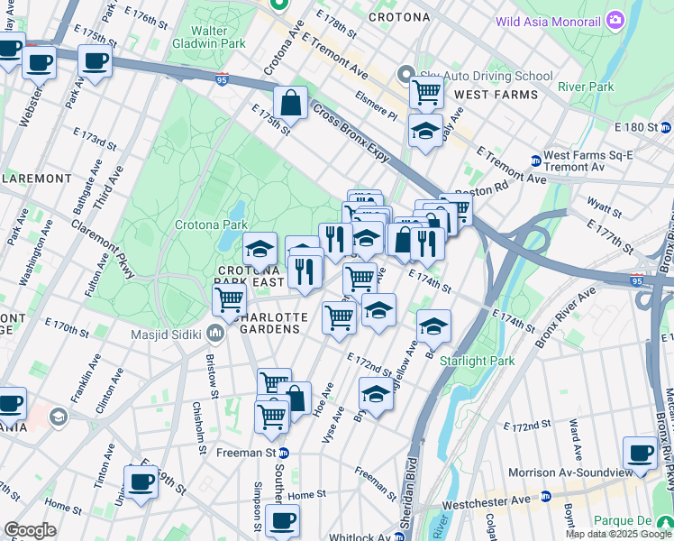 map of restaurants, bars, coffee shops, grocery stores, and more near 1691 Boston Road in The Bronx