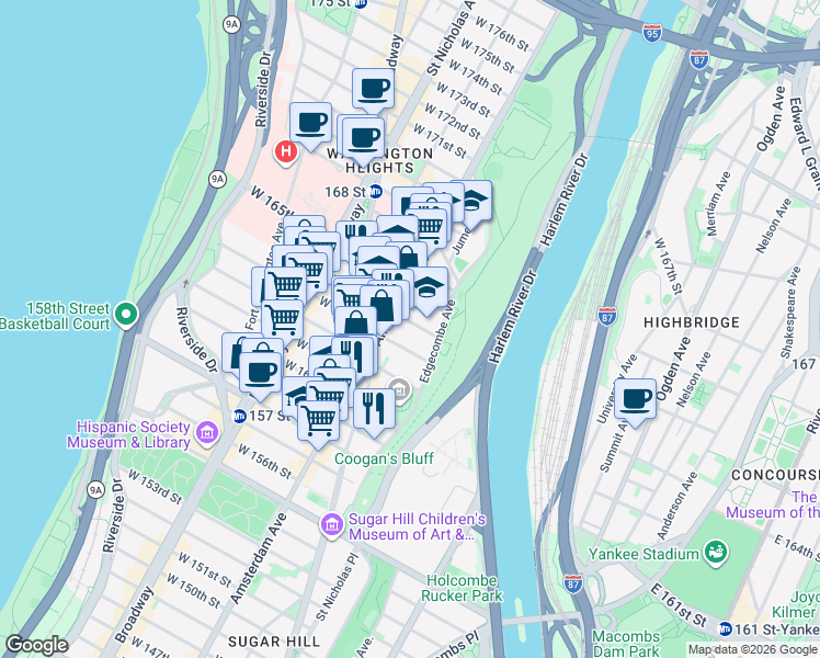 map of restaurants, bars, coffee shops, grocery stores, and more near 446 West 164th Street in New York