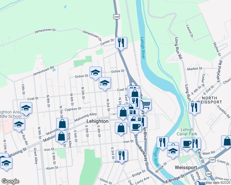 map of restaurants, bars, coffee shops, grocery stores, and more near 228 North 2nd Street in Lehighton