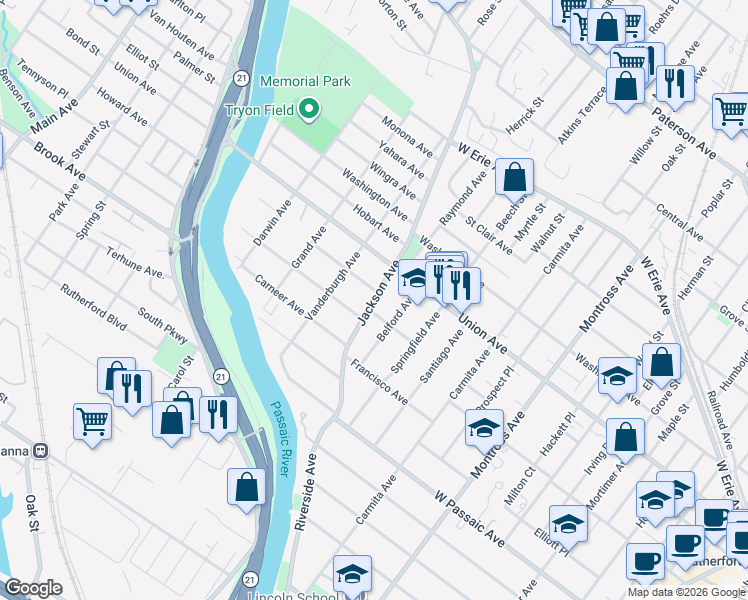 map of restaurants, bars, coffee shops, grocery stores, and more near in Rutherford