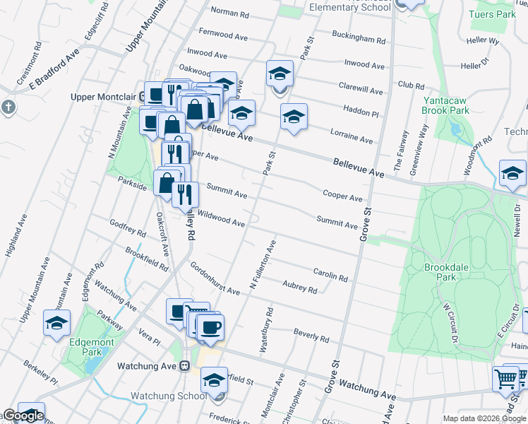 map of restaurants, bars, coffee shops, grocery stores, and more near 345 Park Street in Montclair