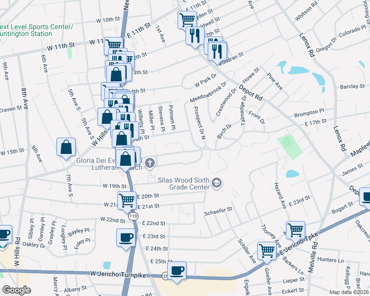 map of restaurants, bars, coffee shops, grocery stores, and more near 64 East 16th Street in Huntington Station