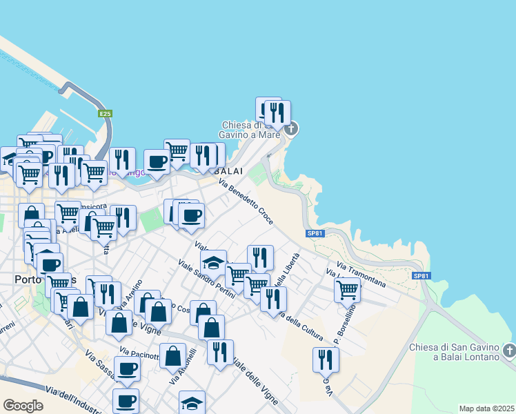 map of restaurants, bars, coffee shops, grocery stores, and more near 13 Via Benedetto Croce in Porto Torres