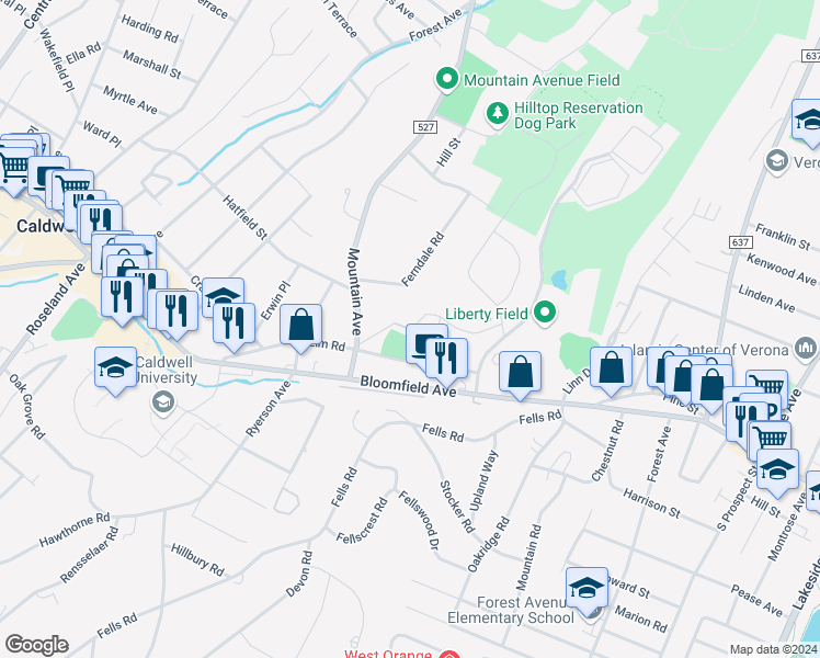 map of restaurants, bars, coffee shops, grocery stores, and more near 46 Four Seasons Drive in North Caldwell