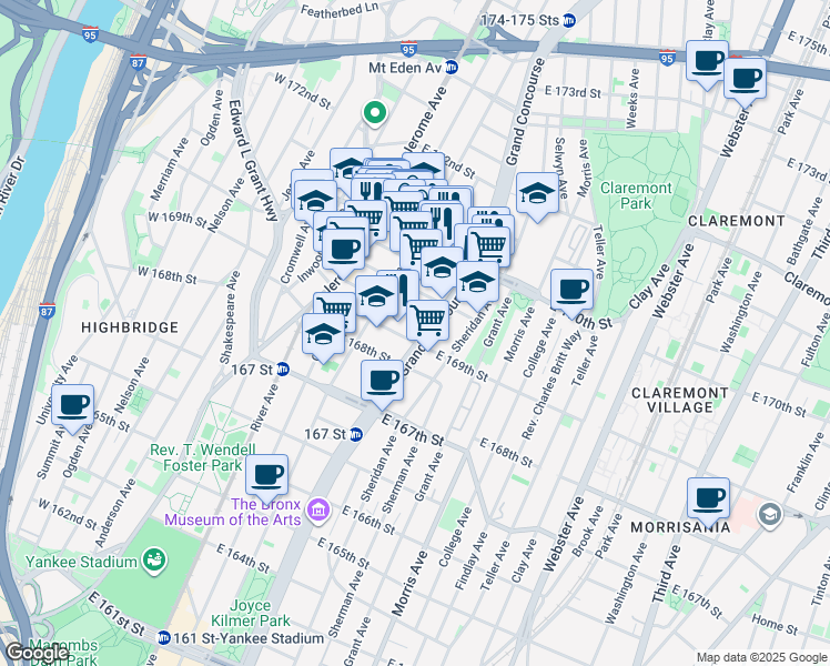 map of restaurants, bars, coffee shops, grocery stores, and more near 1295 Grand Concourse in Bronx