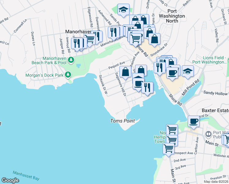 map of restaurants, bars, coffee shops, grocery stores, and more near 39 Yennicock Avenue in Port Washington