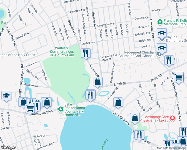 map of restaurants, bars, coffee shops, grocery stores, and more near 512 Browns Road in Nesconset