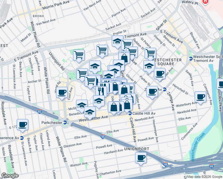 map of restaurants, bars, coffee shops, grocery stores, and more near Odell Street in The Bronx