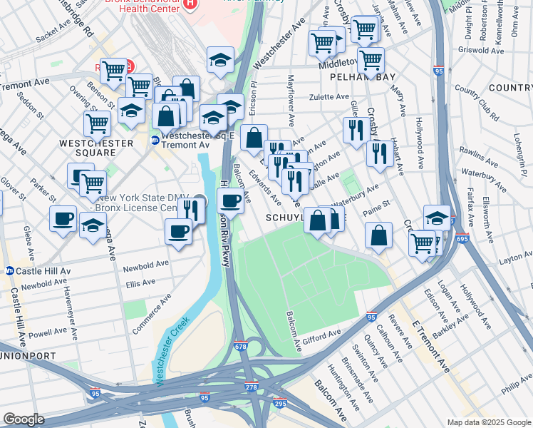 map of restaurants, bars, coffee shops, grocery stores, and more near 1338 Ellison Avenue in Bronx