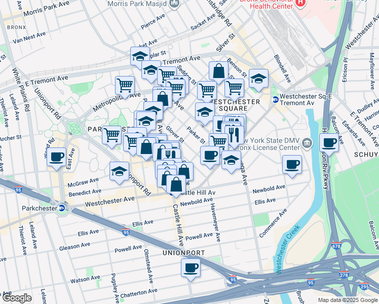 map of restaurants, bars, coffee shops, grocery stores, and more near 1517 Parker Street in The Bronx