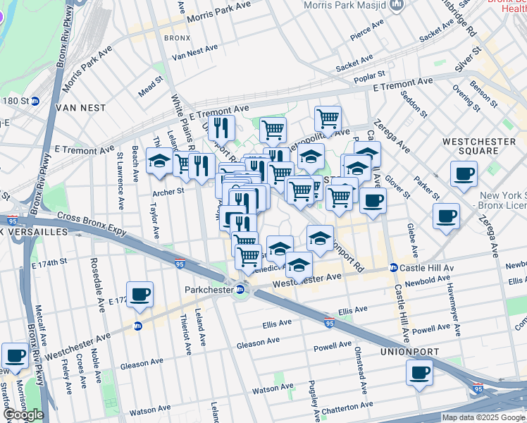map of restaurants, bars, coffee shops, grocery stores, and more near 60 Metropolitan Oval in The Bronx