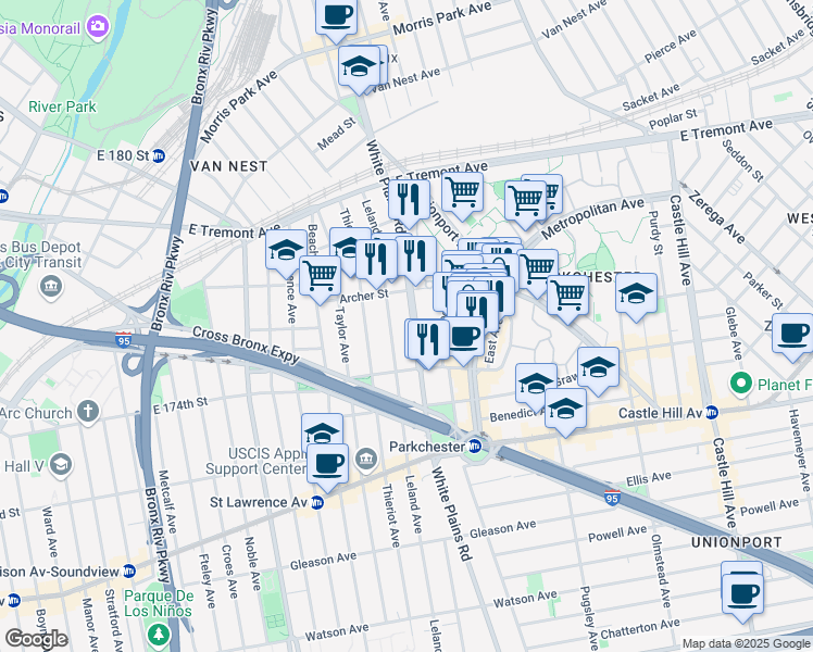 map of restaurants, bars, coffee shops, grocery stores, and more near 1466 White Plains Road in Bronx