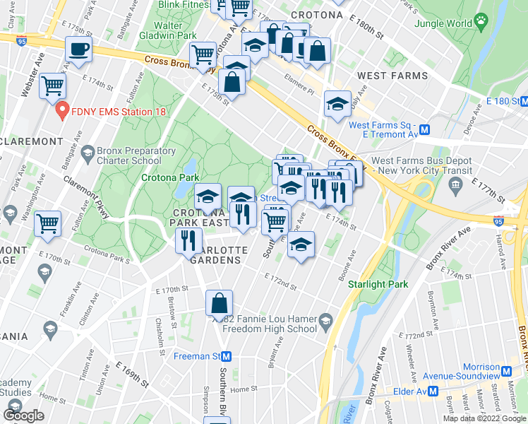 map of restaurants, bars, coffee shops, grocery stores, and more near 1680 Crotona Park East in Bronx