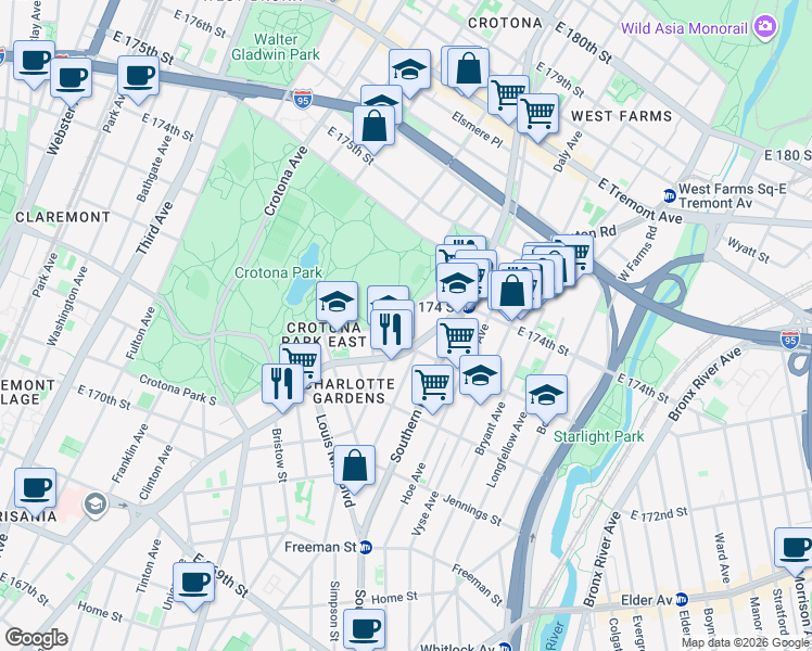 map of restaurants, bars, coffee shops, grocery stores, and more near 1680 Crotona Park East in Bronx