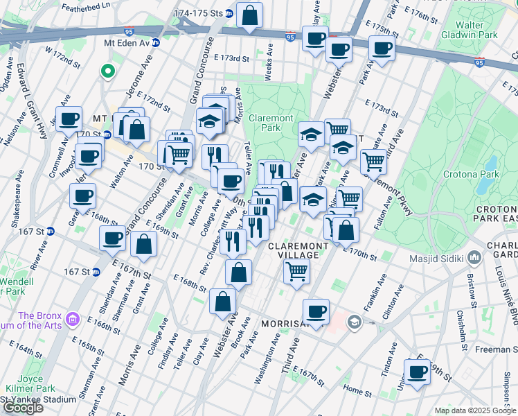 map of restaurants, bars, coffee shops, grocery stores, and more near 1402 Clay Avenue in The Bronx