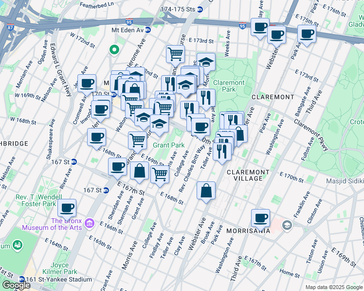map of restaurants, bars, coffee shops, grocery stores, and more near in The Bronx