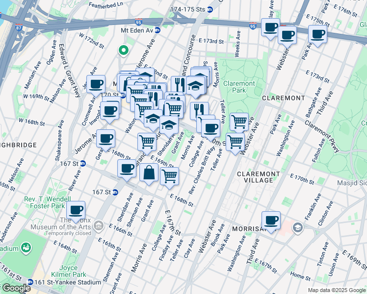map of restaurants, bars, coffee shops, grocery stores, and more near 1360 Grant Avenue in The Bronx