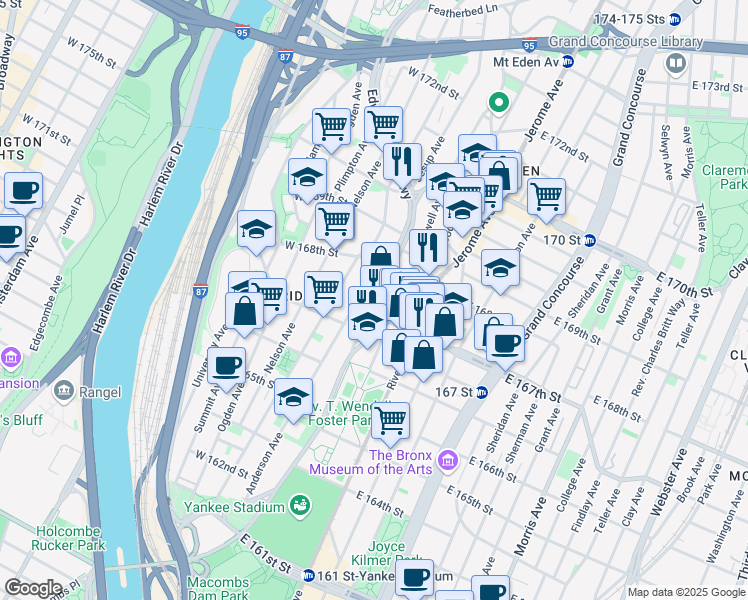 map of restaurants, bars, coffee shops, grocery stores, and more near 1220 Shakespeare Avenue in Bronx