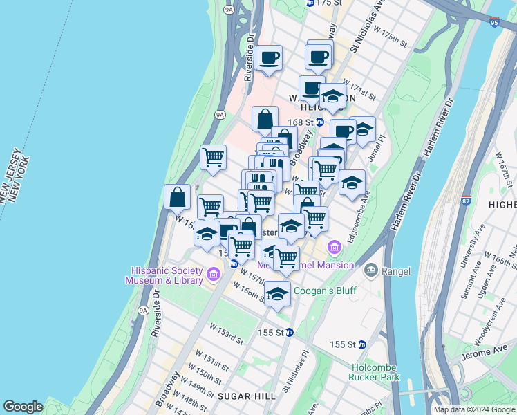 map of restaurants, bars, coffee shops, grocery stores, and more near 66 Fort Washington Avenue in New York