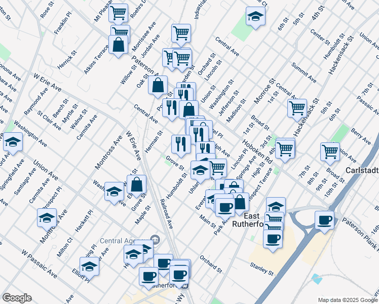 map of restaurants, bars, coffee shops, grocery stores, and more near 56 Clinton Place in East Rutherford