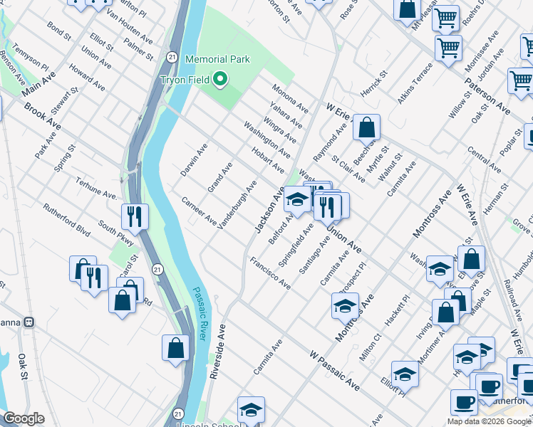 map of restaurants, bars, coffee shops, grocery stores, and more near in Rutherford