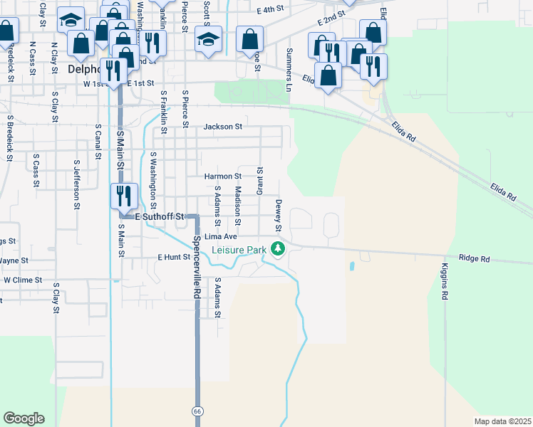 map of restaurants, bars, coffee shops, grocery stores, and more near 735 Euclid Ave in Delphos