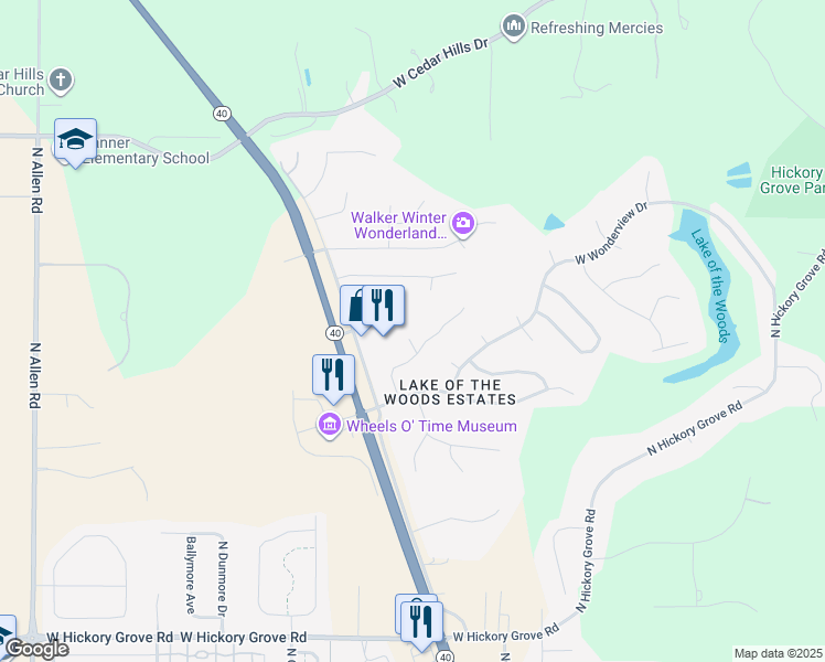 map of restaurants, bars, coffee shops, grocery stores, and more near 1522 West Timberdale Drive in Dunlap