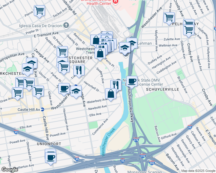 map of restaurants, bars, coffee shops, grocery stores, and more near 2501 Halsey Street in The Bronx