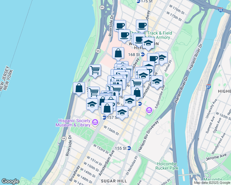 map of restaurants, bars, coffee shops, grocery stores, and more near 66 Fort Washington Avenue in New York