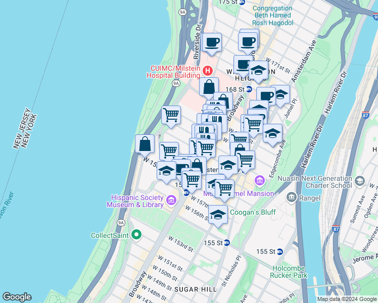 map of restaurants, bars, coffee shops, grocery stores, and more near 47 Fort Washington Avenue in New York