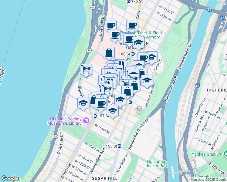 map of restaurants, bars, coffee shops, grocery stores, and more near 568 West 162nd Street in New York