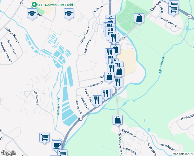 map of restaurants, bars, coffee shops, grocery stores, and more near 23 Shelley Drive in Hackettstown