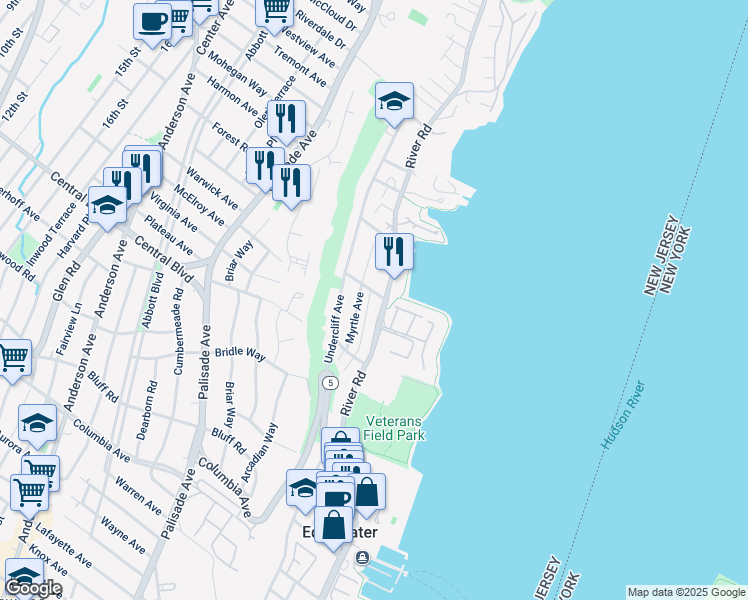 map of restaurants, bars, coffee shops, grocery stores, and more near 75 Myrtle Avenue in Edgewater