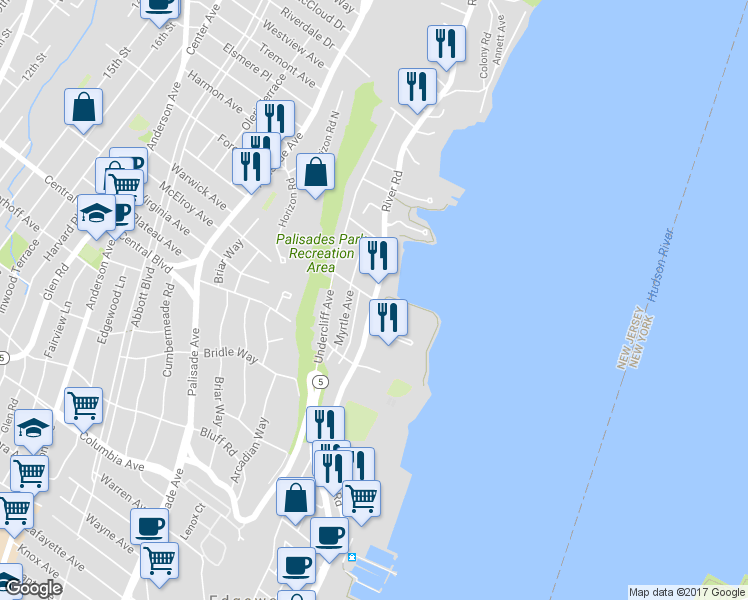 map of restaurants, bars, coffee shops, grocery stores, and more near 75 Myrtle Avenue in Edgewater