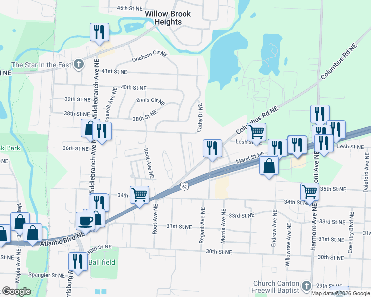 map of restaurants, bars, coffee shops, grocery stores, and more near 3701 Bosworth Avenue Northeast in Canton