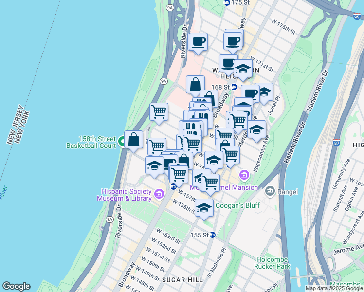 map of restaurants, bars, coffee shops, grocery stores, and more near 46 Fort Washington Avenue in New York