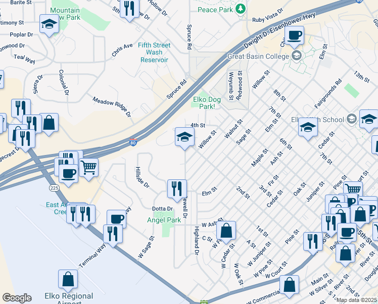 map of restaurants, bars, coffee shops, grocery stores, and more near 1600-1698 2nd Street in Elko