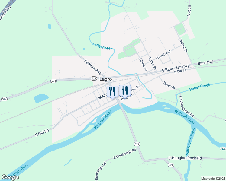 map of restaurants, bars, coffee shops, grocery stores, and more near Main Street in Lagro