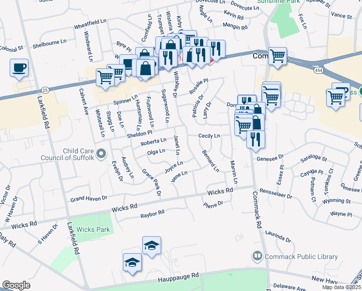 map of restaurants, bars, coffee shops, grocery stores, and more near 10 Janet Lane in Commack