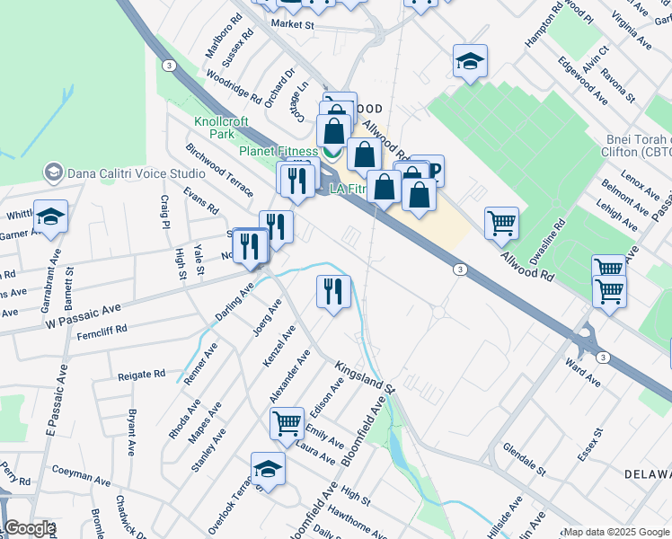 map of restaurants, bars, coffee shops, grocery stores, and more near 1153 Bloomfield Avenue in Clifton
