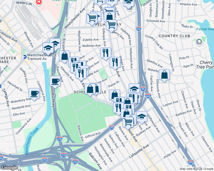 map of restaurants, bars, coffee shops, grocery stores, and more near 1286 Edison Avenue in Bronx