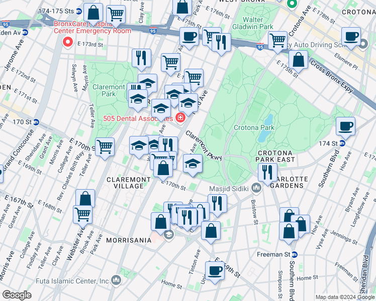 map of restaurants, bars, coffee shops, grocery stores, and more near 1511 Fulton Avenue in The Bronx