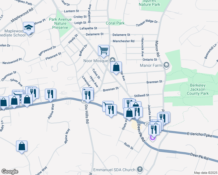 map of restaurants, bars, coffee shops, grocery stores, and more near 7 Lindsay Street in Huntington