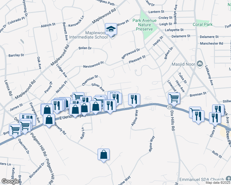 map of restaurants, bars, coffee shops, grocery stores, and more near 8 Clay Street in Huntington Station