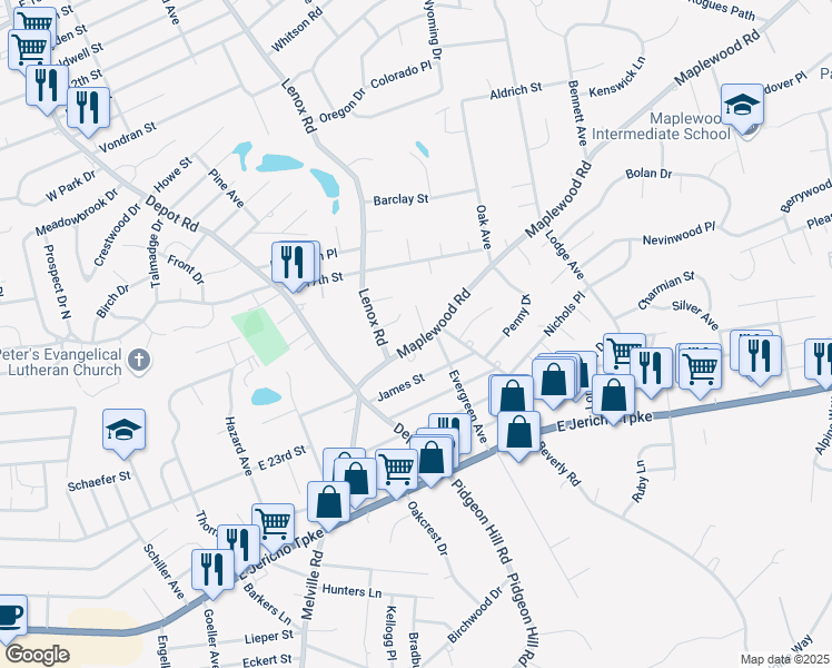 map of restaurants, bars, coffee shops, grocery stores, and more near 11 Bertlee Drive in Huntington Station