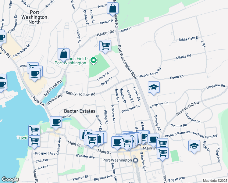 map of restaurants, bars, coffee shops, grocery stores, and more near 64 Sandy Hollow Road in Port Washington