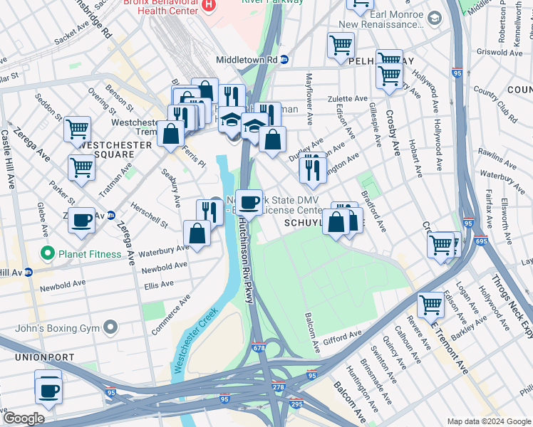 map of restaurants, bars, coffee shops, grocery stores, and more near 1363 Balcom Avenue in Bronx