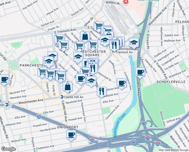map of restaurants, bars, coffee shops, grocery stores, and more near in The Bronx
